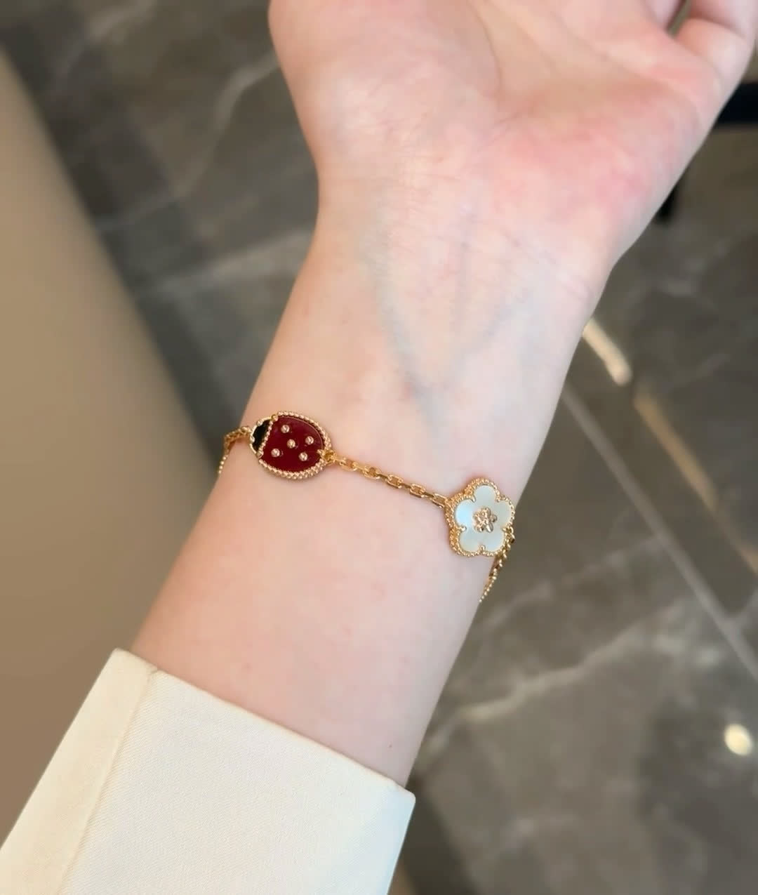 Van Cleef & Arpels Gold Tone Ladybug and Flower Earrings